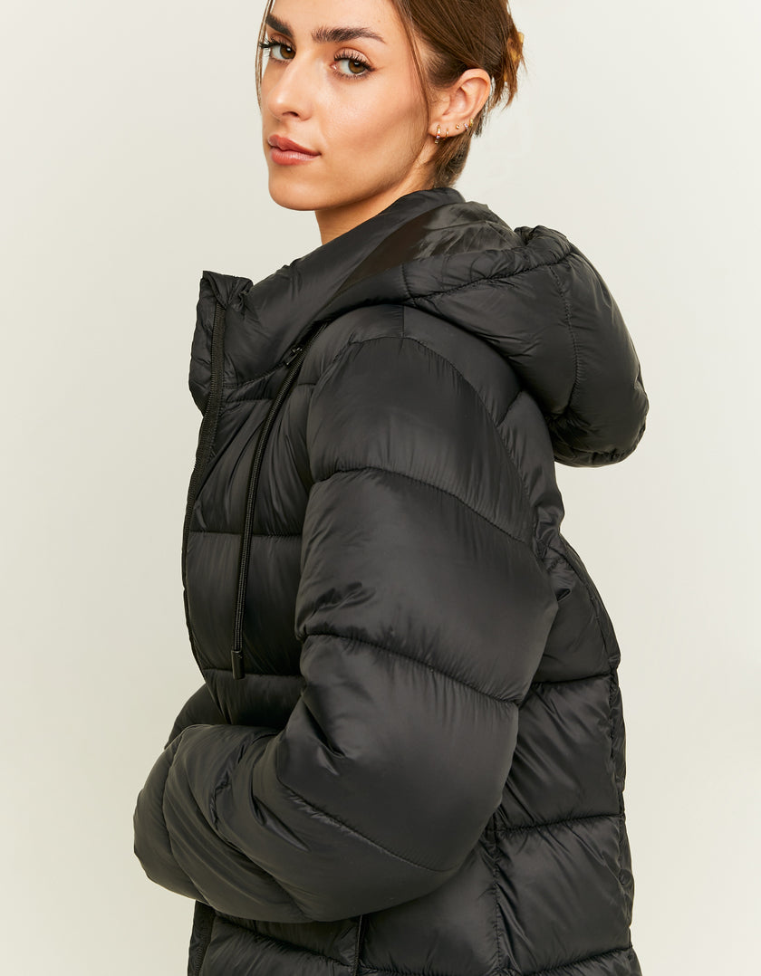 Black Long Light Padded Coat-Shoulder view