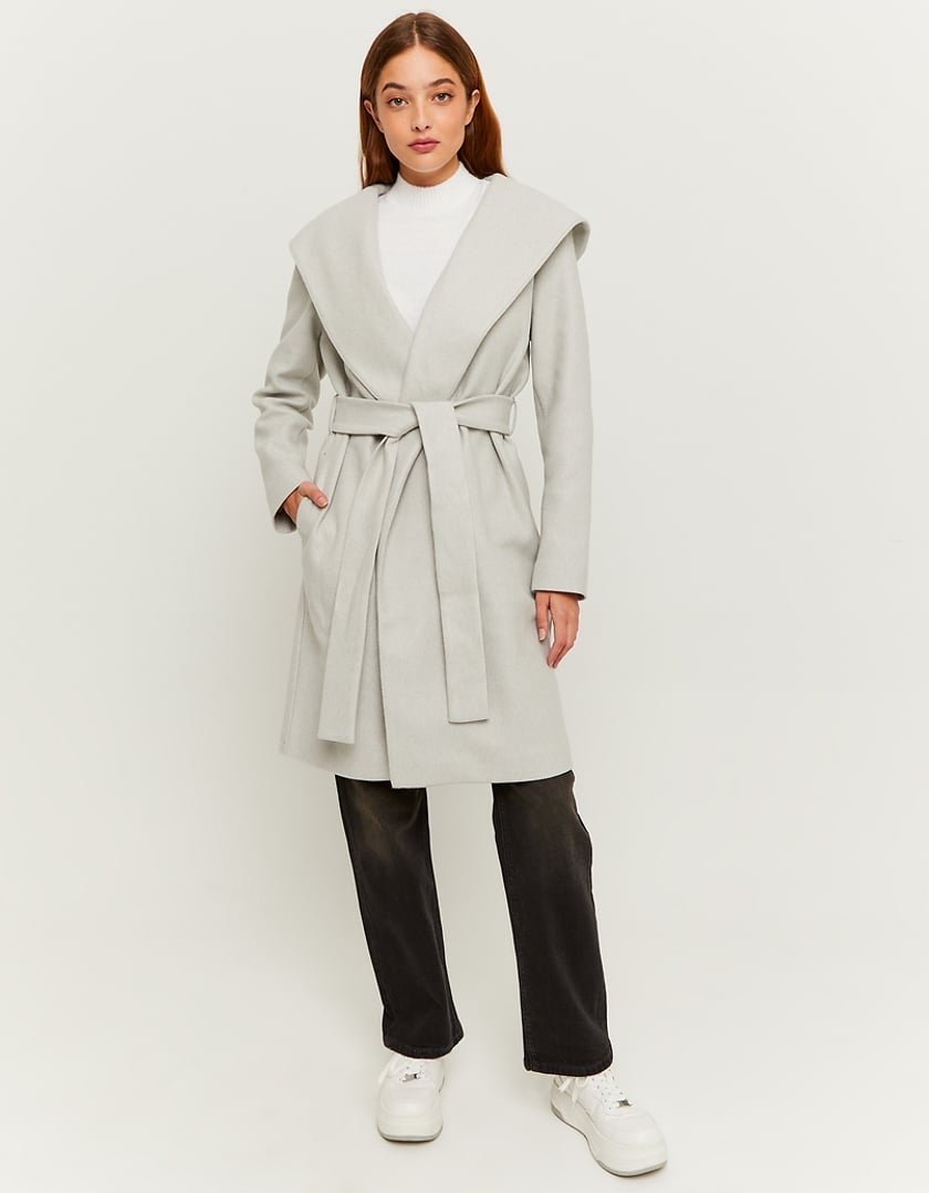 Ladies Grey Belted Coat-Model Front View