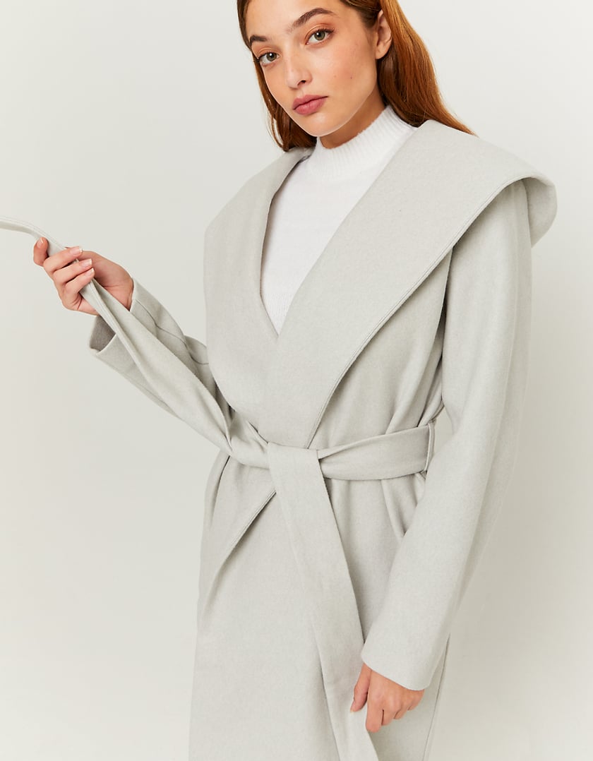 Ladies Grey Belted Coat-Closer View of Front