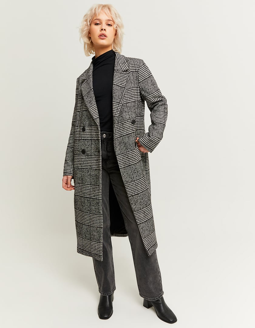 Ladies Faux Wool Checked Long Coat-Model Front View