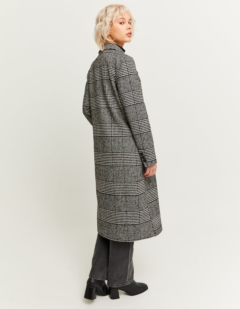 Ladies Faux Wool Checked Long Coat-Model Back View