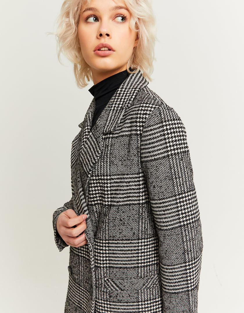 Ladies Faux Wool Checked Long Coat-Model Side View