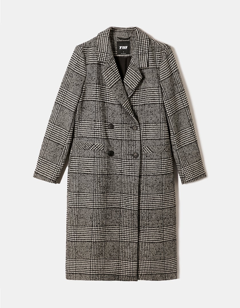 Ladies Faux Wool Checked Long Coat-Front View