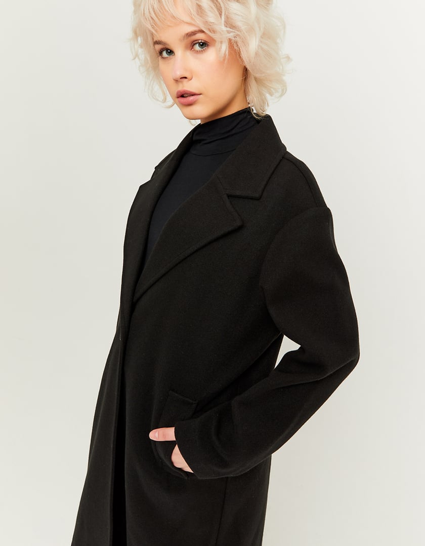 Ladies Black Faux Wool Basic Long Coat-Close Up View