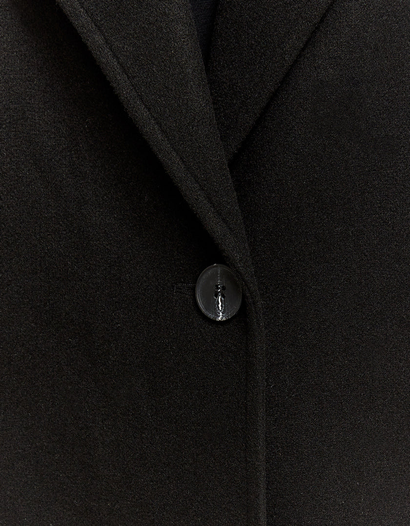 Ladies Black Faux Wool Basic Long Coat-Button View