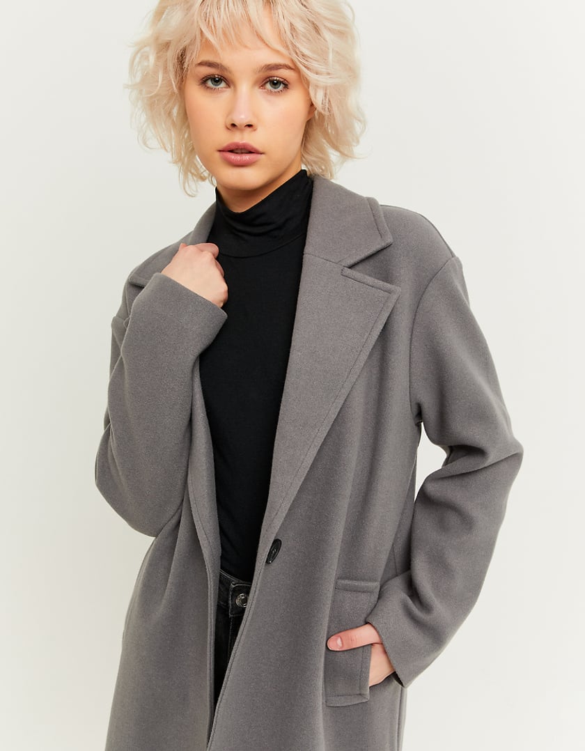 Ladies Grey Faux Wool Basic Long Coat-Close Up View