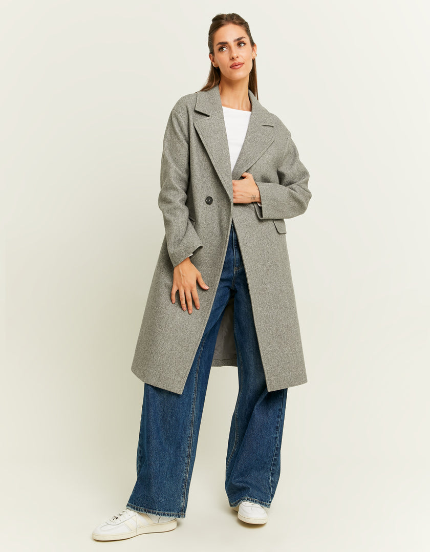 Ladies Grey Faux Wool Coat-Model Full Front View