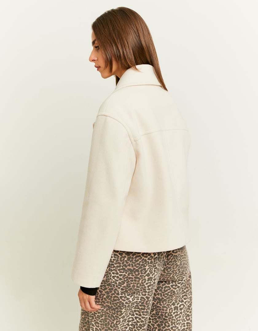 Ladies Beige Faux Wool Cropped Coat-Model Back View