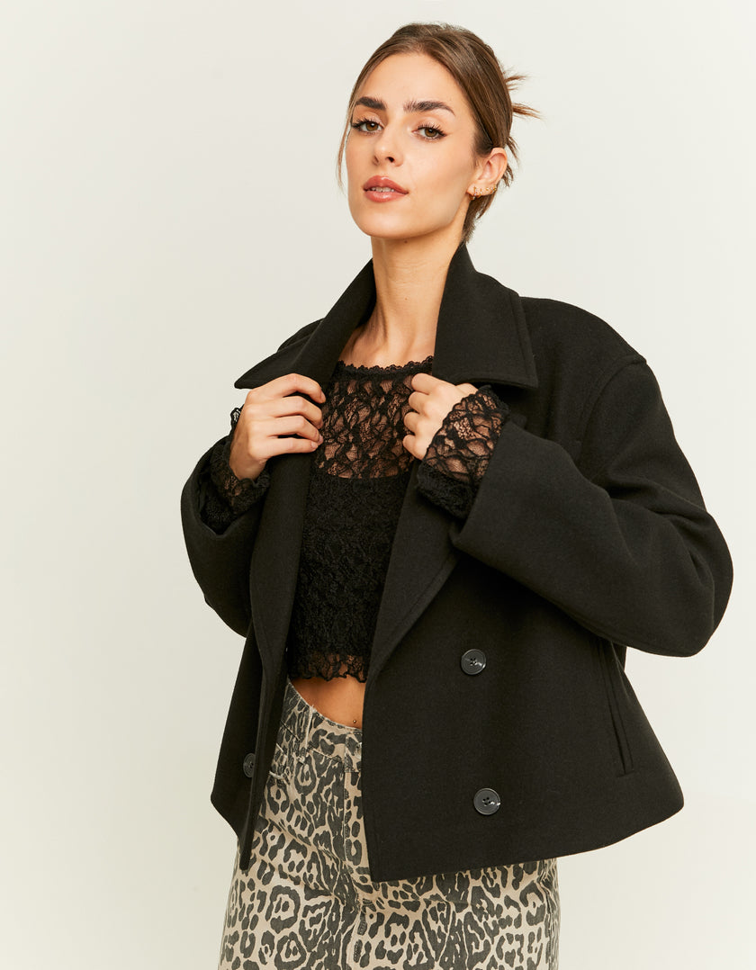 Tally Weijl Black Faux Wool Cropped Coat Black model front view