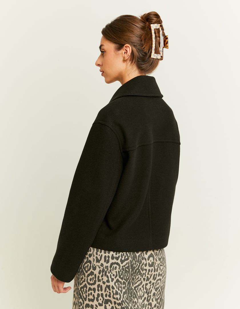 Ladies Black Faux Wool Cropped Coat-Model Back View