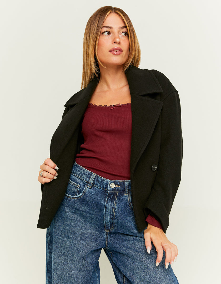 Ladies Black Faux Wool Cropped Coat-Model Front View