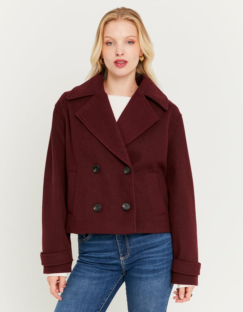 Ladies Burgundy Buttoned Coat-Model Front View 2