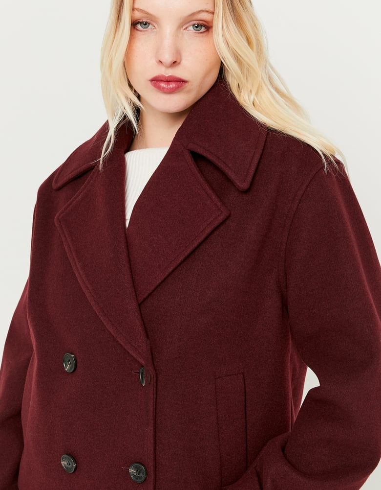 Ladies Burgundy Buttoned Coat-Closer View of the Front