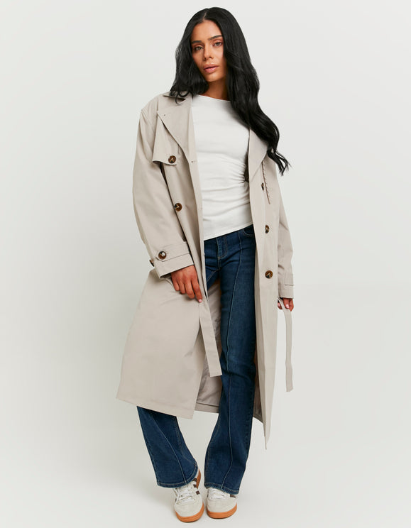 Tally Weijl long beige trench coat worn by model, front view