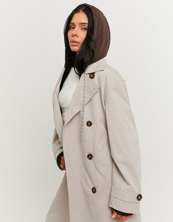 Tally Weijl long beige trench coat with brown hood worn by model, side view