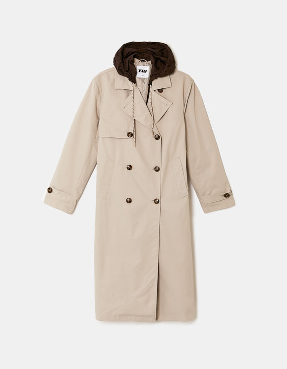 Tally Weijl long beige trench coat with brown hood, front view