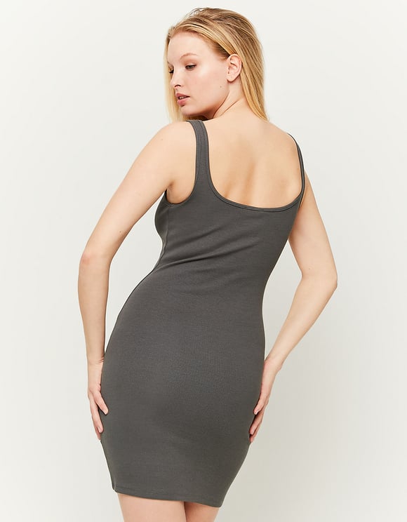 Ladies Figure-Hugging Grey Mini Dress-Model Back View