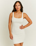 Model front view of white bodycon mini dress
