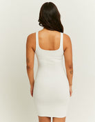 Model back view of white bodycon mini dress