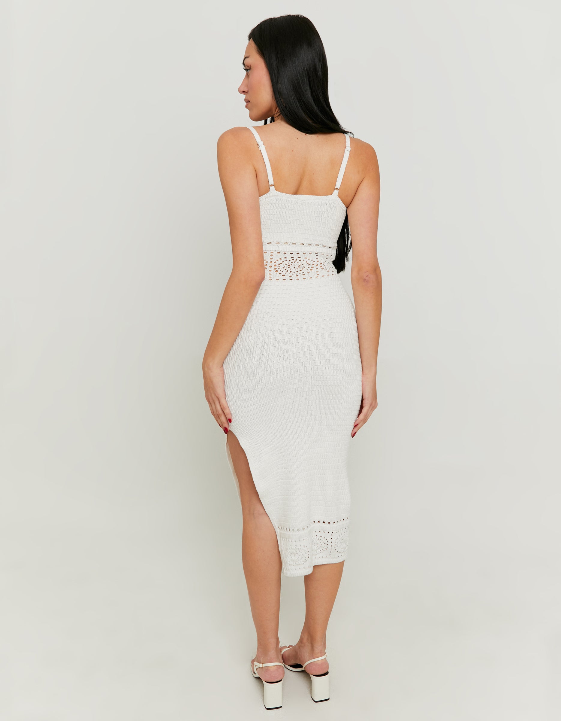 Ladies White Midi Dress With Crochet Pattern-Model Back View