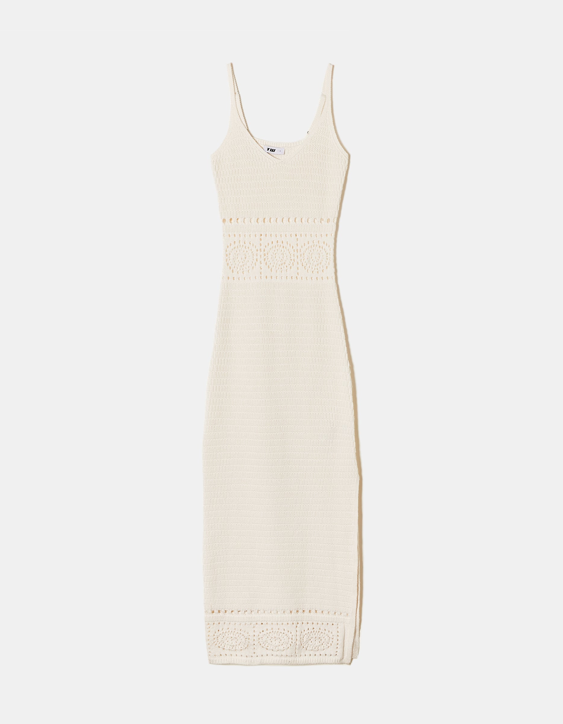 Ladies White Midi Dress With Crochet Pattern-Ghost Front View