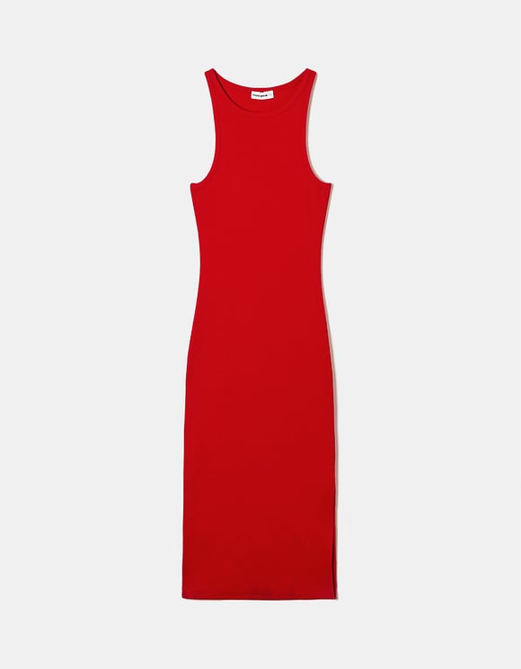 Ladies Ribbed Red Midi Dress-Ghost Front View