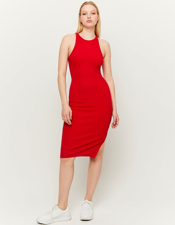 Ladies Ribbed Red Midi Dress-Model Full Front View
