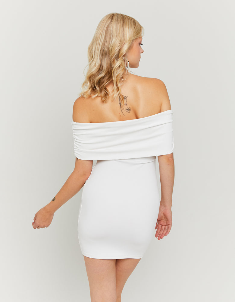 Ladies White Off-Shoulder Mini Dress-Model Back View