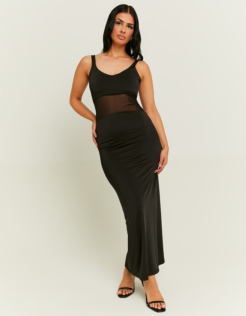 Ladies Black Maxi Mesh Dress-Model Front View