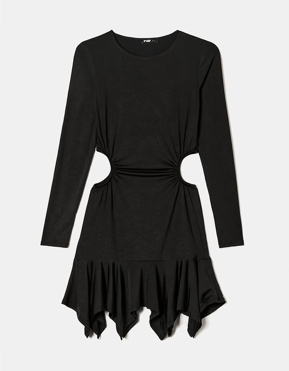 Ladies Long Sleeve Black Mini Dress-Ghost Front View