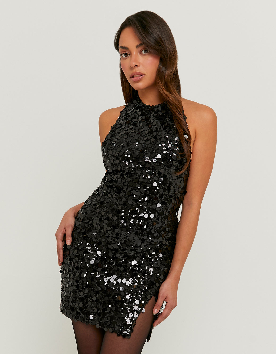 Ladies Black Sequin Halter Mini Dress-Closer View of the Front
