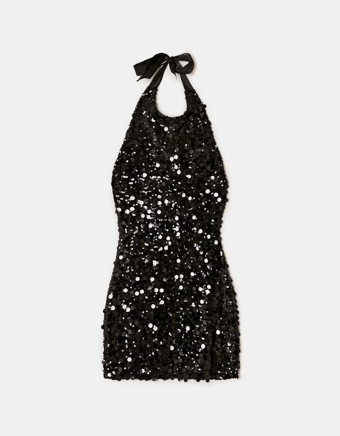 Ladies Black Sequin Halter Mini Dress-Ghost Front View
