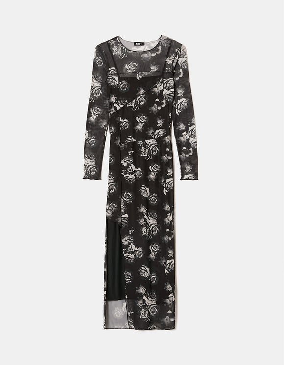 Ladies Black Printed Midi Dress-Front View
