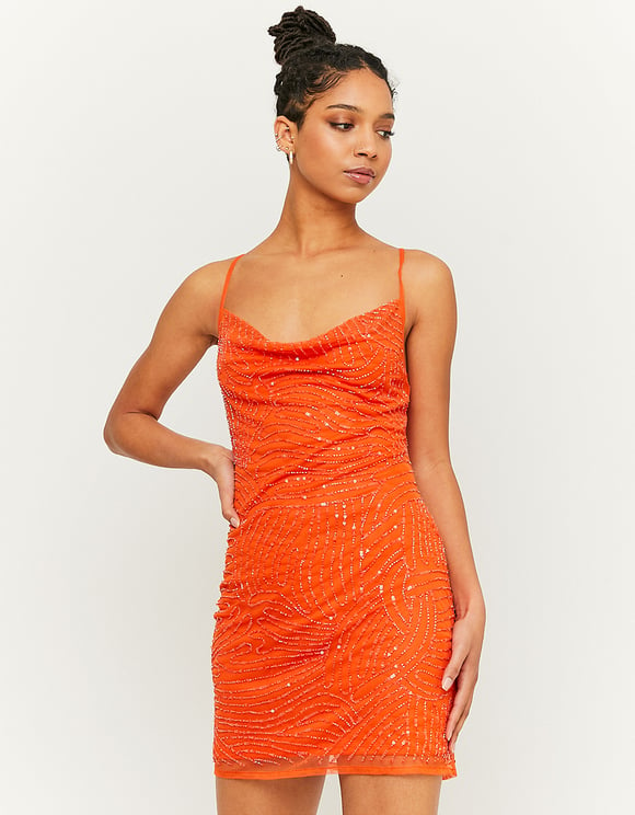 Ladies Orange Mesh Mini Dress-Model Front View