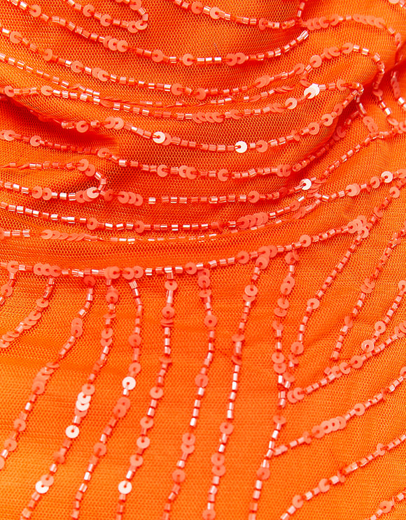 Ladies Orange Mesh Mini Dress-Close Up View