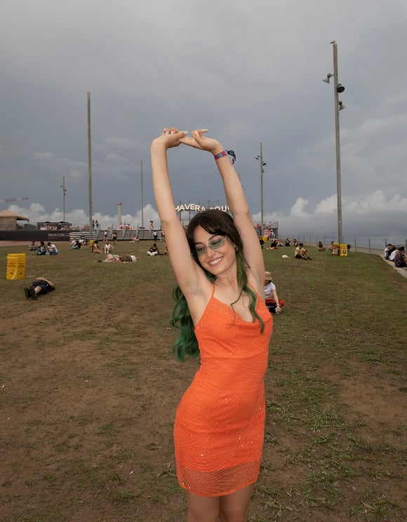 Ladies Orange Mesh Mini Dress-Model Full Front View 1