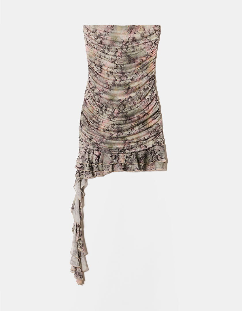 Ladies Snake Skin Mesh Dress With Ruffles-Front View