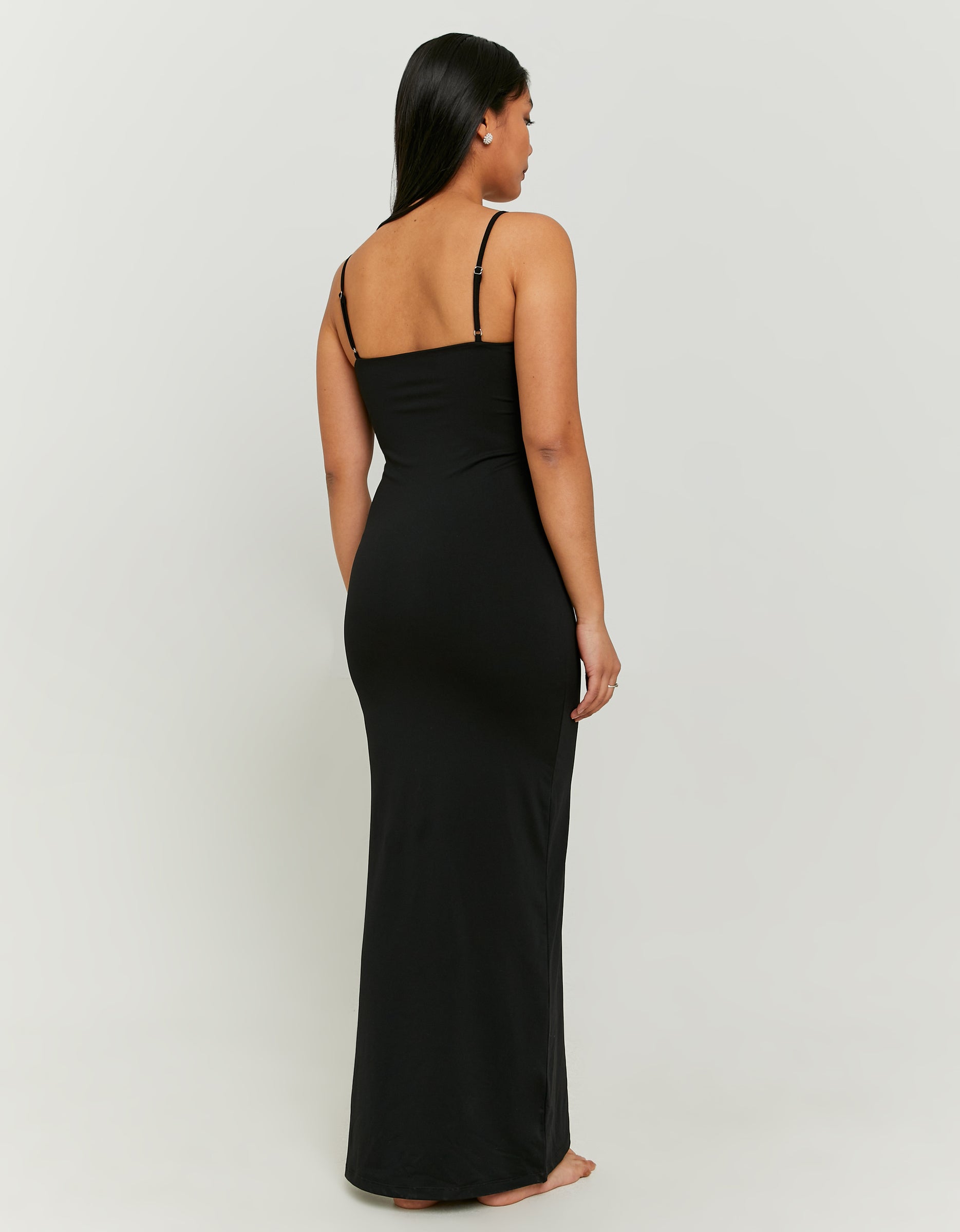 Ladies Black Fitted Midi Dress-Model Back View