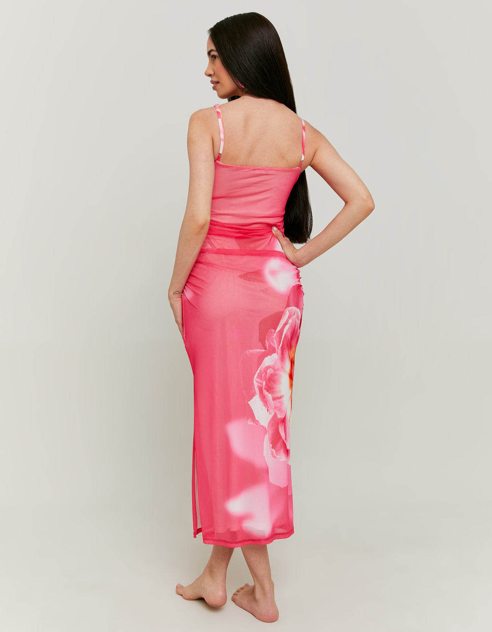 Ladies Tulle Floral Midi Dress-Model Back View