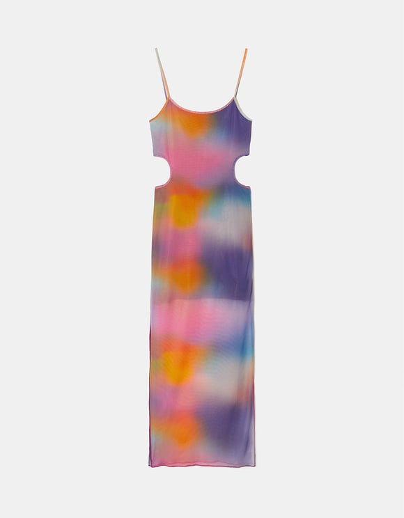 Ladies Cut Out Maxi Tie Dye Dress-Ghost Front View