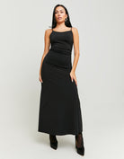 Front view of black backless maxi dress