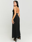 Backless detail on black maxi dress