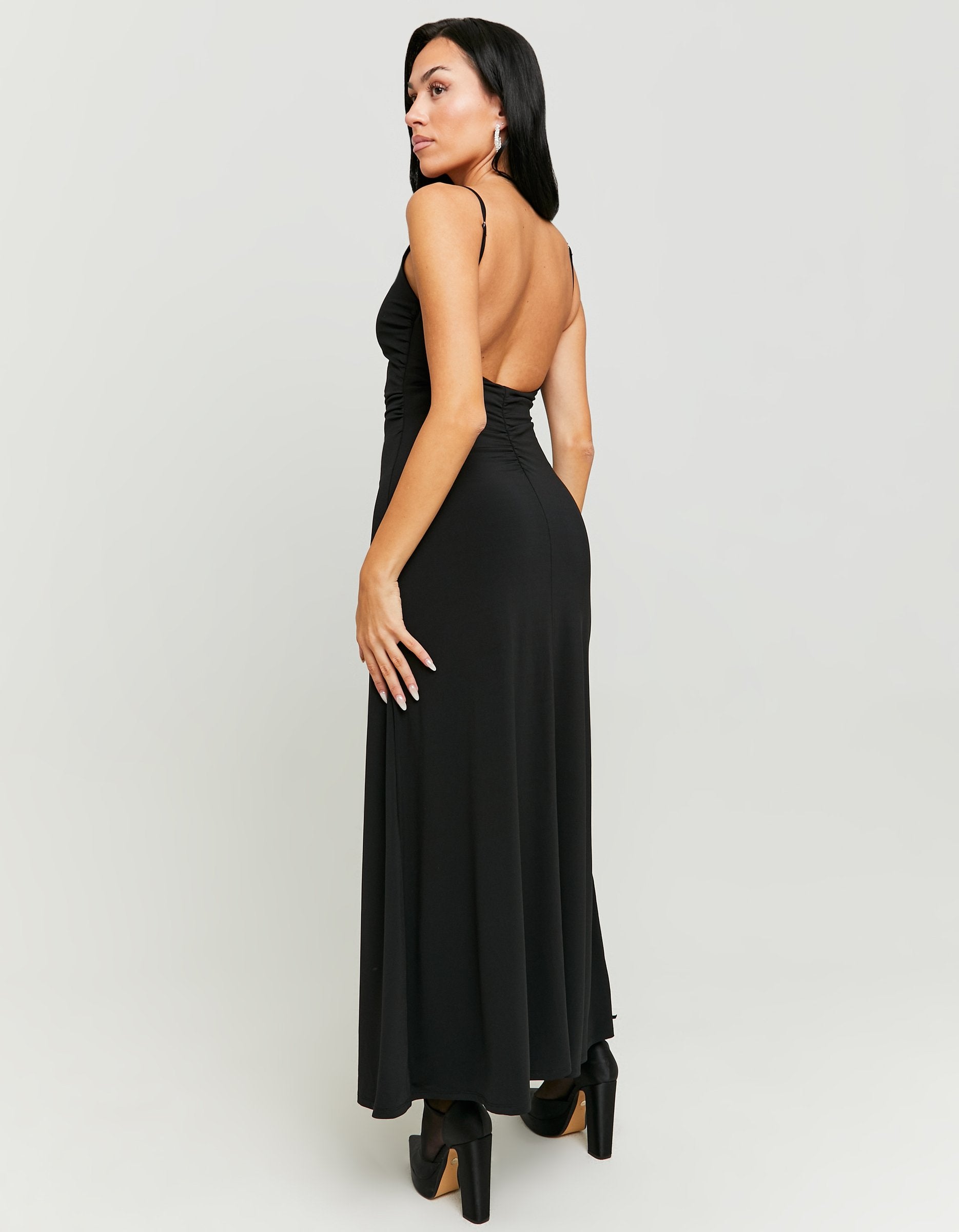 Backless detail on black maxi dress