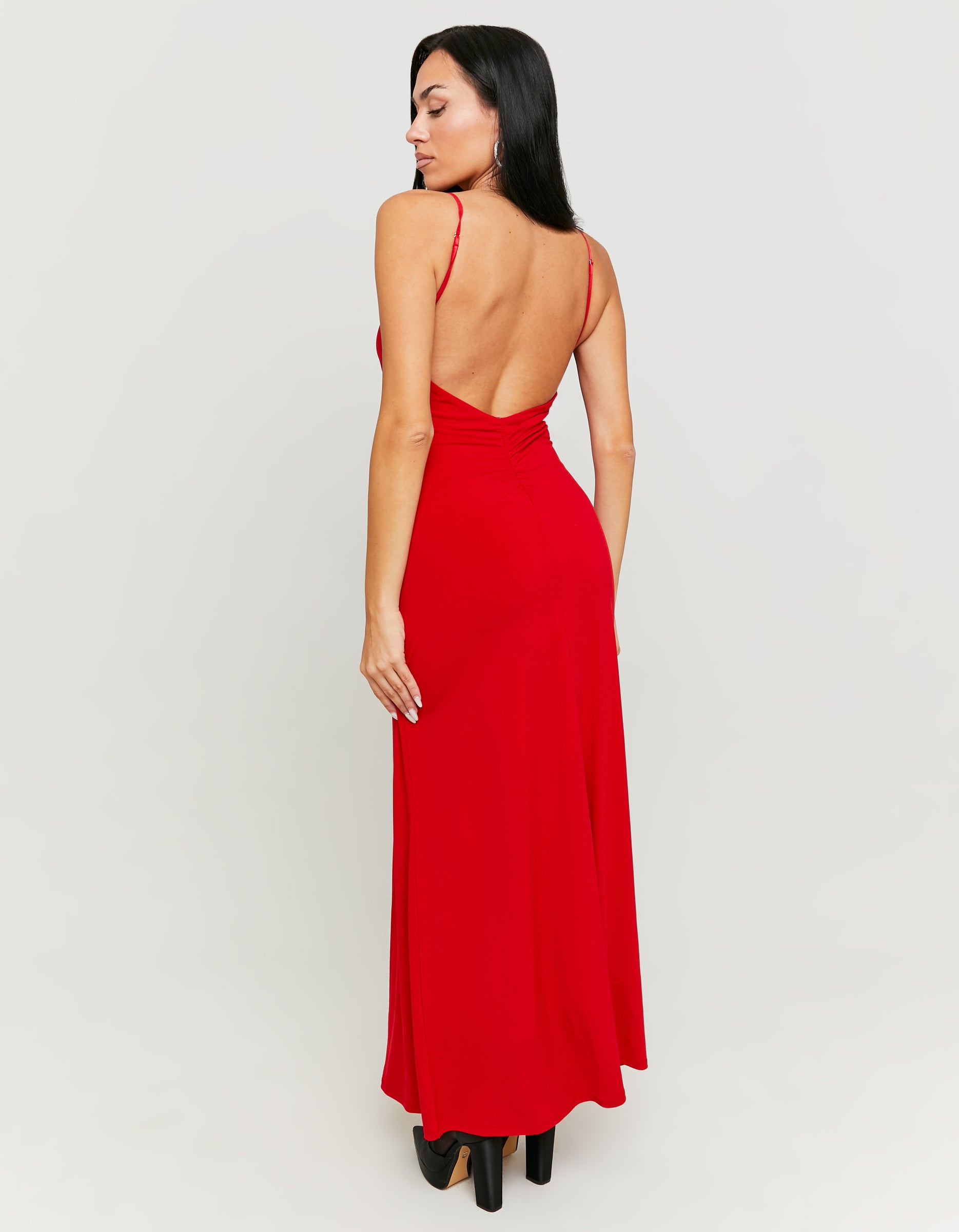 Ladies Red Backless Maxi Dress-Model Back View