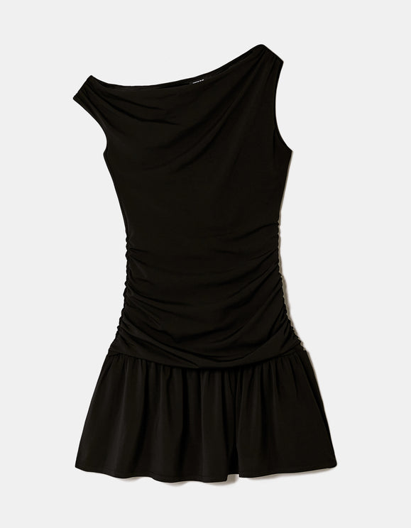 Tally Weijl Black Asymmetric Ruched Mini Dress, front product view