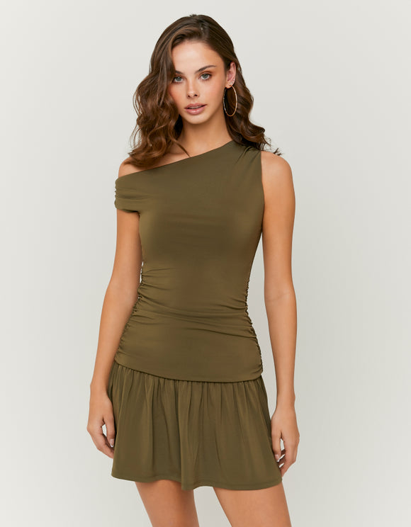 Tally Weijl Khaki Asymmetric Ruched Mini Dress Green, front view on model