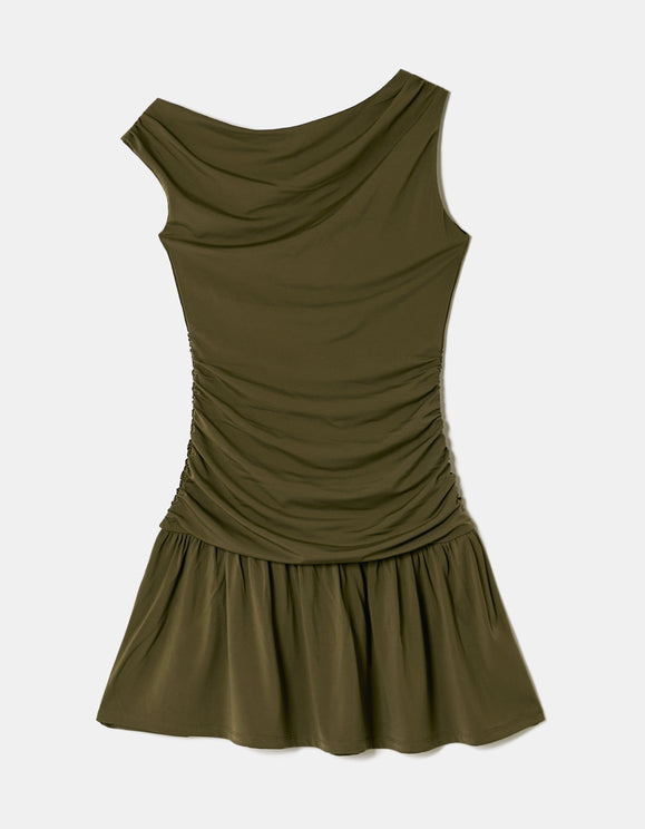Tally Weijl Khaki Asymmetric Ruched Mini Dress Green, front flat lay view