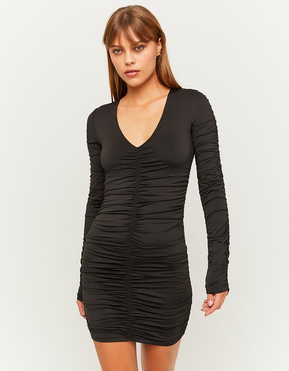 Ladies Black Ruched Mini Dress-Model Front View