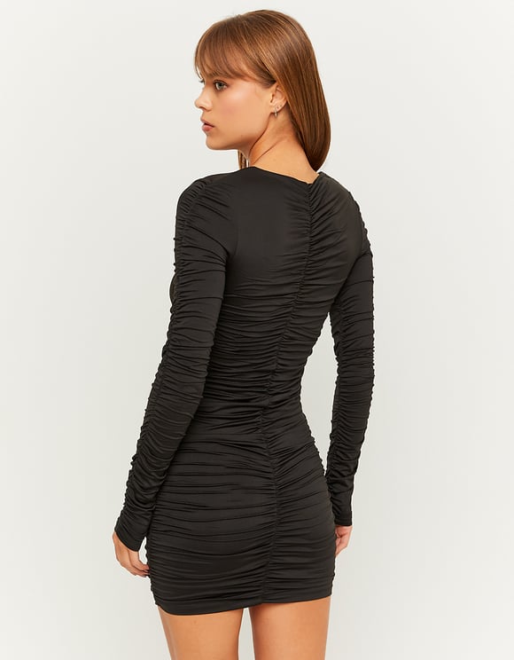 Ladies Black Ruched Mini Dress-Model Back View