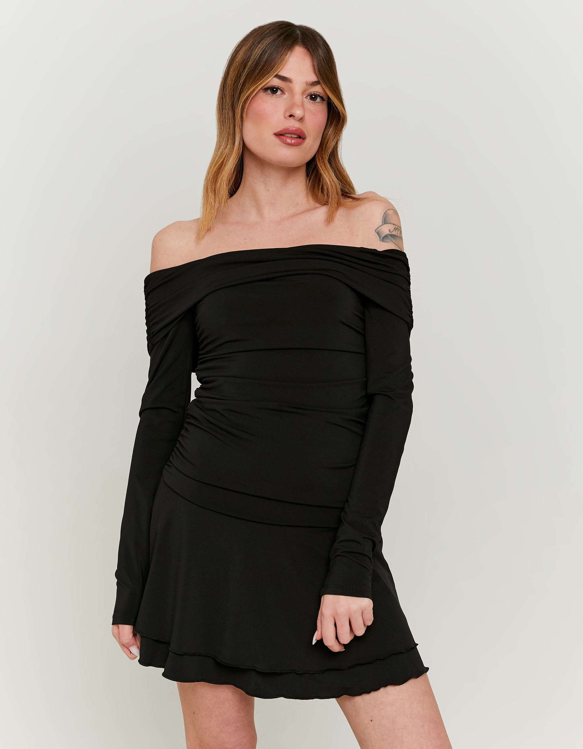Ladies Black Off-Shoulder Mini Dress-Model Front View